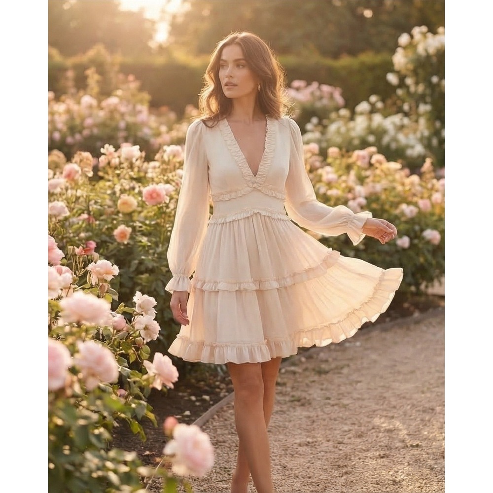 Vintage L Cream Ruffle Tiered Mini Dress Open Back Ivory Chiffon Boho Fairy